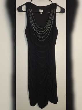 Cache Black Sleeveless Beaded-Trim Ruched Mini Dress